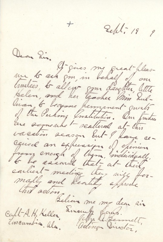Letter to Capt. Keller from John A. Bennett, Sept. 19, 1889