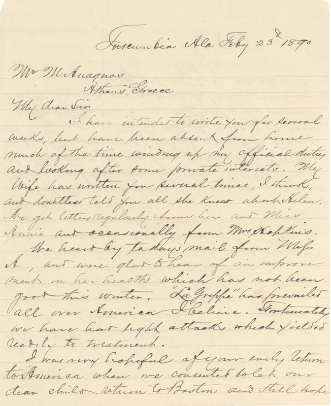 Letter from Capt. A. Keller to Michael Anagnos, February 23, 1890 (p. 1 of 2)