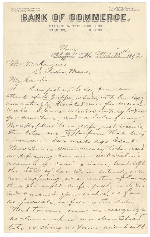 Letter from Capt. A. Keller to Michael Anagnos, March 28, 1892 (p. 1 of 2)