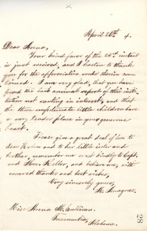 Letter from Michael Anagnos to Annie Sullivan, April 26, 1894