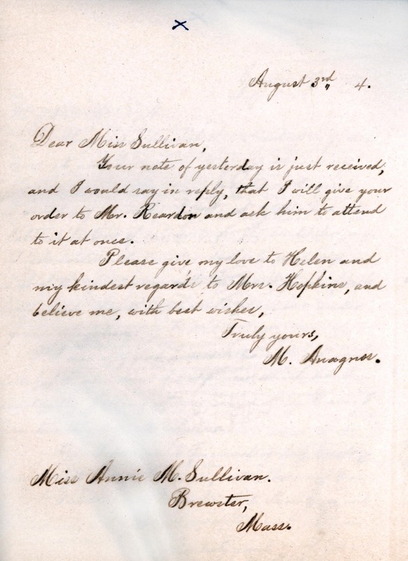 Letter from Michael Anagnos to Annie Sullivan, August 3, 1894