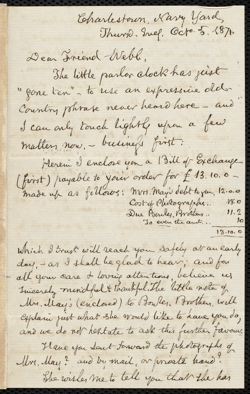 Letter from Samuel May, Charlestown, Navy Yard, [Boston], to Richard ...