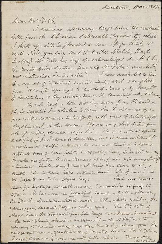 Letter from Samuel May, Leicester, [Mass.], to Richard Davis Webb, Mar. 22 / 72