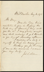 Letter from Joseph A. Allen, West Newton, [Mass.], to Samuel May, Aug. 30, 1873