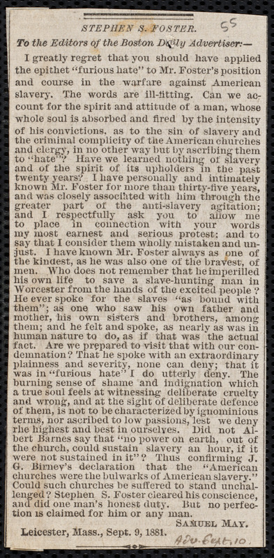 Letter from Samuel May, Leicester, Mass., to the Editors of the Boston Daily Advertiser, Sept. 9, 1881