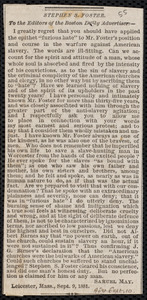 Letter from Samuel May, Leicester, Mass., to the Editors of the Boston Daily Advertiser, Sept. 9, 1881