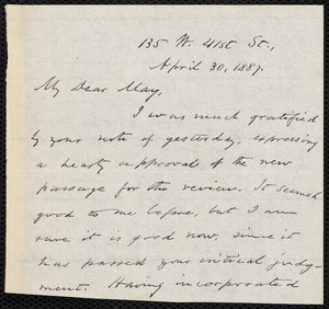 Letter from Oliver Johnson, [New York], to Samuel May, April 30, 1887