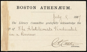 Postal card from Charles Ammi Cutter, Boston, to Samuel May, July 8, 1887
