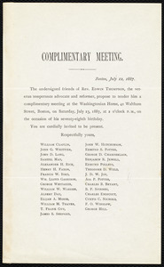 Invitation to a complimentary meeting, Boston, July 12, 1887