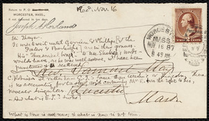 Notes on an envelope from Samuel May, [November 1887]