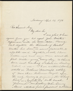 Letter from Milton Metcalf Fisher, Medway, [Mass.], to Samuel May, April 19, 1893