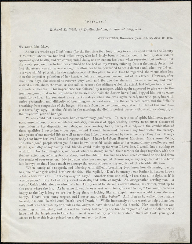 Letter from Richard Davis Webb, Greenfield, Kilgobbin, [Ireland], to Samuel May, July 19, 1862