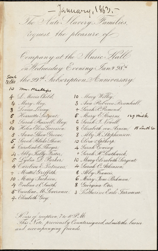 Invitation to the 29th subscription anniversary, [Boston?], January, 1863