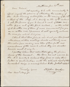 Letter from Stephen Barker, Methuen, [Mass.], to Samuel May, Jan. 27th, 1863