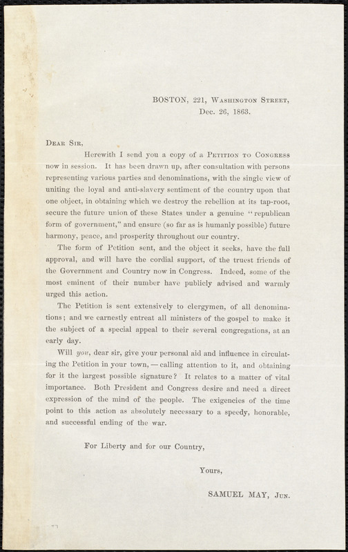 Circular letter from Samuel May, Boston, Dec. 26, 1863