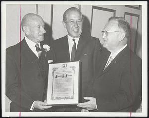 Special Citation -- Fred Monosson (left), president of the New England Jewish National Fund, presented a special award to Atty. Joseph B. Abrams of Brookline, treasurer, in recognition of a lifetime of service to Zionism. In center is Herman L. Weisman, national president of the Jewish National Fund.