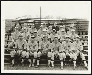 Front Row (left to right ). Conathan -- Jayne W. Clark (Capt) -- Ratajczak -- Roudney -- Pounder. Second Row -- Broadbent -- Bruce -- Coach Teasreau -- Allen -- F. Clark -- Devlin -- Varnish. Back Row Asst. Mgr. Wilson -- Frigard -- Barrett -- Palmer Ray -- Longley -- Olson -- Jankoff -- Curtis -- Hart -- Mgr. Carlisle. Dartmouth College Baseball NEM Squad 1935.