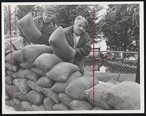 Taunton City workers, Frank De Brum and John Cambra, place sand bags at Morey's dam and bridge yesterday.