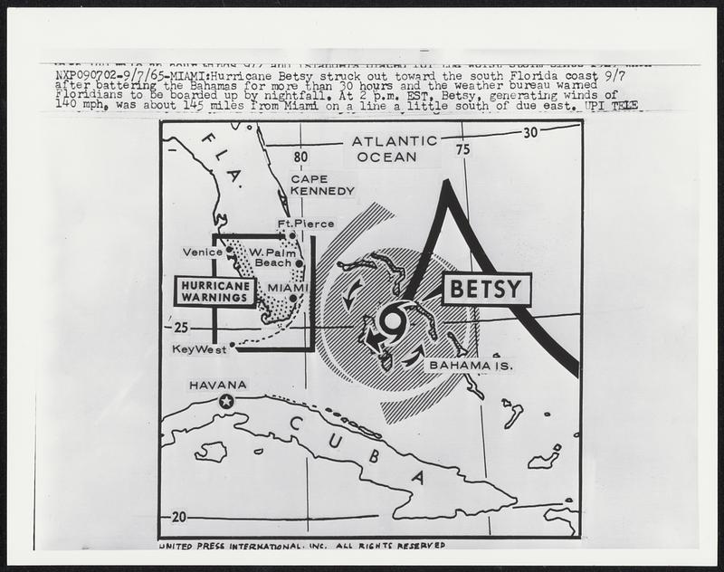 Miami: Hurricane Betsy struck out toward the south of Florida coast 9/7 after battering the Bahamas for more than 30 hours and the weather bureau warned Floridians to be boarded by nightfall. At 2 p.m. EST, Betsy, generating winds of 140 mph, was about 145 miles from Miami on a line a little south of due east.