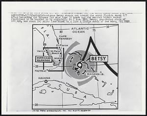 Miami: Hurricane Betsy struck out toward the south of Florida coast 9/7 after battering the Bahamas for more than 30 hours and the weather bureau warned Floridians to be boarded by nightfall. At 2 p.m. EST, Betsy, generating winds of 140 mph, was about 145 miles from Miami on a line a little south of due east.