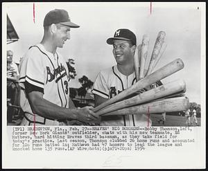 Bradenton, Fla. – Braves’ Big Bombers – Bobby Thomson, left, former New York Giants’ outfielder, chats with his new teammate, Ed Mathews, hard hitting Braves third baseman, as they take field of today’s practice. Last season, Thomson clubbed 26 home runs and accounted for 106 runs batted in; Mathews had 47 homers to lead the league and knocked home 135 runs.