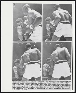 Upcoming, the Knockout Punch--Heavyweight Champion Sonny Liston staggers challenger Floyd Patterson with a right and starts the lethal left, upper left; the left drives in, upper right; and connects, lower left, and Patterson starts to crumple to the canvas, lower right. Liston retained his title in Las Vegas tonight by knocking out Patterson in 2 minutes 10 seconds of the first round.