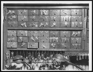 One Key is Missing from among the thousands in Frank Pasek's shop on Kneeland street. He has keys for all kinds of cars, keys for many homes, keys for lock boxes, padlocks, everything-but none foe his own front door.