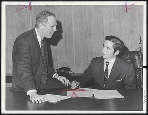 Student Mayor of Boston, Joseph Patrick Morrissey of Jamaica Plain, is shown with Mayor White at the mayor's office. The son of judge and Mrs. Francis X. Morrissey, he was elected by the high school students of Boston.