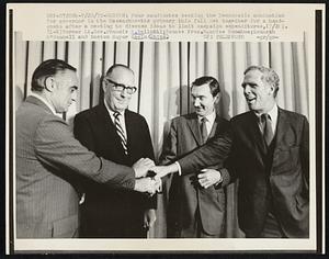 Four candidates seeking the Democratic nomination for governor in the Massachusetts primary this fall get together for a handshake after a meeting to discuss ideas to limit campaign expenditures, (7/20). (L-R) Former Lt. Gov. Francis X. Bellotti; Senate Pres. Maurice Donahue; Kenneth O'Donnell and Boston Mayor Kevin White.