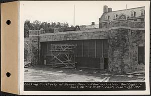 Contract No. 56, Administration Buildings, Main Dam, Belchertown, looking southerly at hangar door, Belchertown, Mass., Sep. 14, 1938