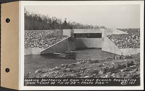 Contract No. 66, Regulating Dams, Middle Branch (New Salem), and East Branch of the Swift River, Hardwick and Petersham (formerly Dana), looking northerly at dam, east branch regulating dam, Hardwick, Mass., Nov. 10, 1939