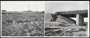 Cape Cod Damage - Torrential rains, driven by Hurricane Edna, washed out this embankment at the new bridge nearing completion where the new mid-Cape highway passes over the Yarmouth-Hyannis Rd. Photo at right shows how the backlash of the hurricane levelled this cornfield in Barnstable, one of the biggest on Cape Cod.