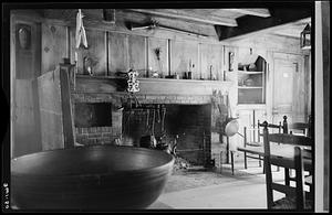 Among the fittings of the old kitchen fireplace are the brass clock jack, a pistol tinder, Betty and Phoebe lamps, toasters, trivets, spiders, and a coal carrier to transport live coals, Wayside Inn, Sudbury