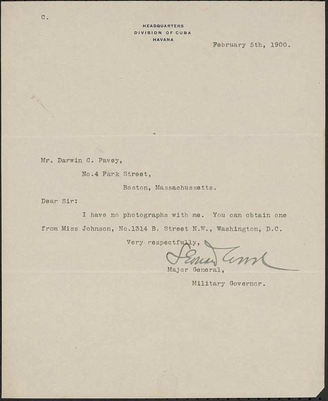 Letter from Leonard Wood, Havana, to Darwin C. Pavey, Boston, Mass., 1900 February 5