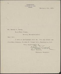 Letter from Leonard Wood, Havana, to Darwin C. Pavey, Boston, Mass., 1900 February 5