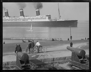 SS Leviathan from Castle Island showing three modes of travel - liner, sail and bicycle
