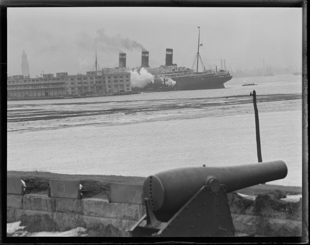 SS Leviathan going into dry dock from Fort Independence, Castle Island, Boston