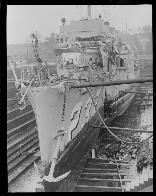 Destroyer McFarland in drydock after being nearly cut in half by battleship