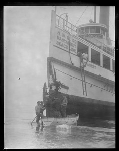 Bow of Nantasket after ramming schooner Isabelle Parker off Gallops Island in Boston Harbor