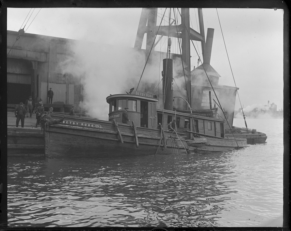 Raising tug Betsey Ross after being sunk by steam trawler Loon in Boston Harbor