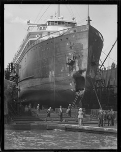 SS Fairfax in Simpson's drydock after being hit by oil tanker pinth is off Scituate on June 11th in fog