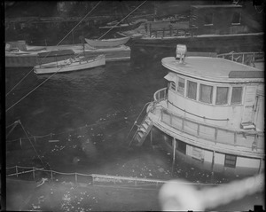 Sunken boat at dock City of Bangor T-wharf?
