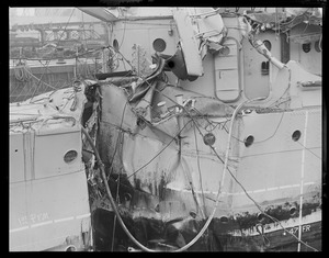 Destroyer USS McFarland nearly cut in half by battleship