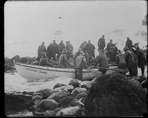 Manomet Coast Guard crew in surf boat ready to buck the angry seas to reach the SS Robert E. Lee run aground on Mary Ann ledge.