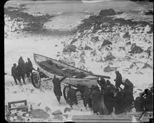 Manomet life saving crew cart surf boat to water. Three of eight died in SS Robert E. Lee rescue.