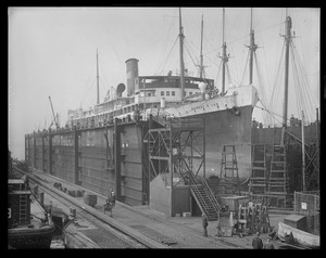 SS Robert E. Lee in drydock at Simpson's dock, East Boston, after she ran aground on Mary Ann rocks off Manomet