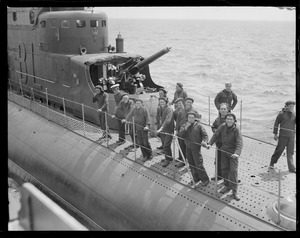 Crew on deck of the Italian submarine Balilla eager to visit Boston