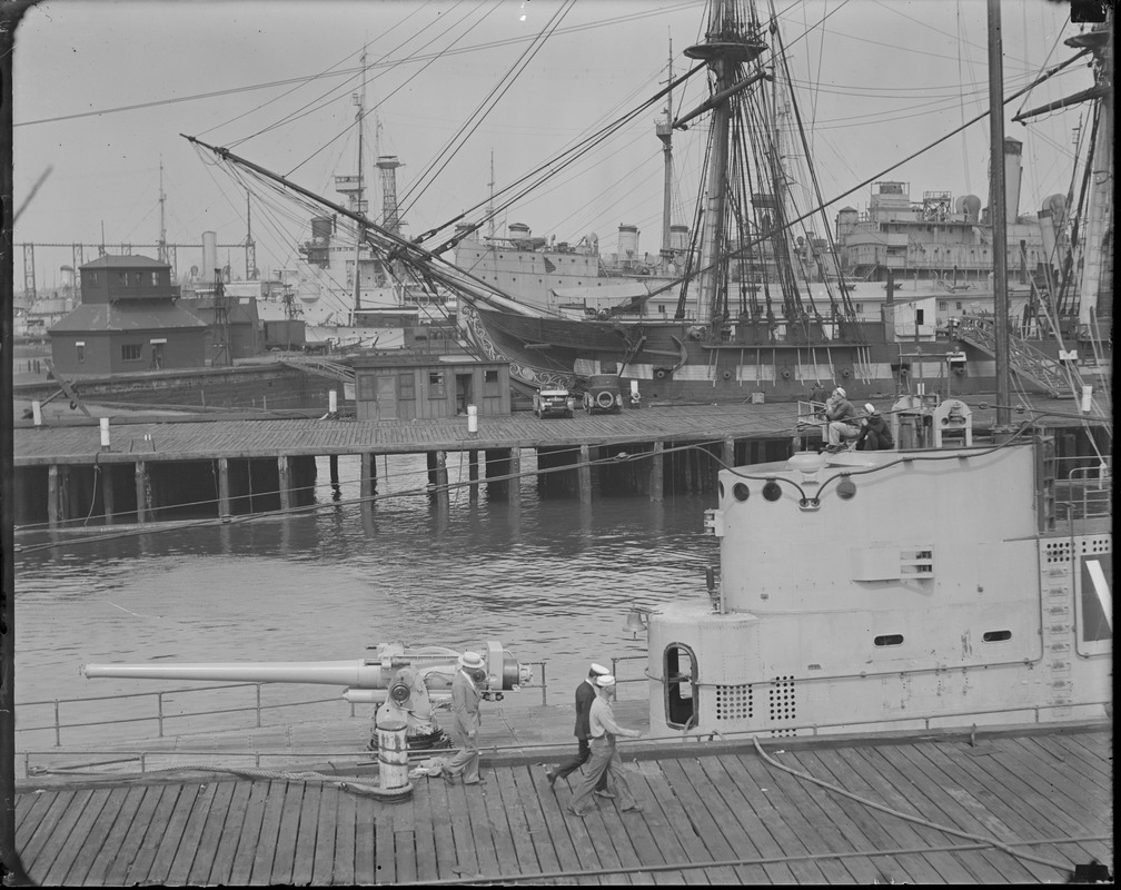 Sub V-3 in Boston Navy Yard, Old Ironsides in rear