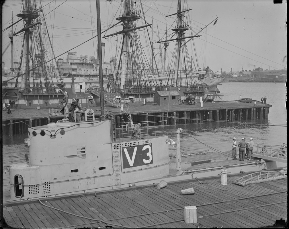 Sub V-3 in Boston Navy Yard, Old Ironsides in rear
