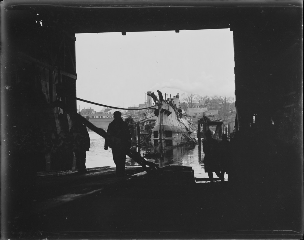 Locomotive pulling S-48 into shed at Portsmouth Navy Yard